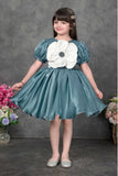 Teal Party Frock with Oversized Floral Appliqué For Girls