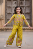 Golden Yellow Embroidered Ethnic Co-Ord Set With Jacket  For Girls