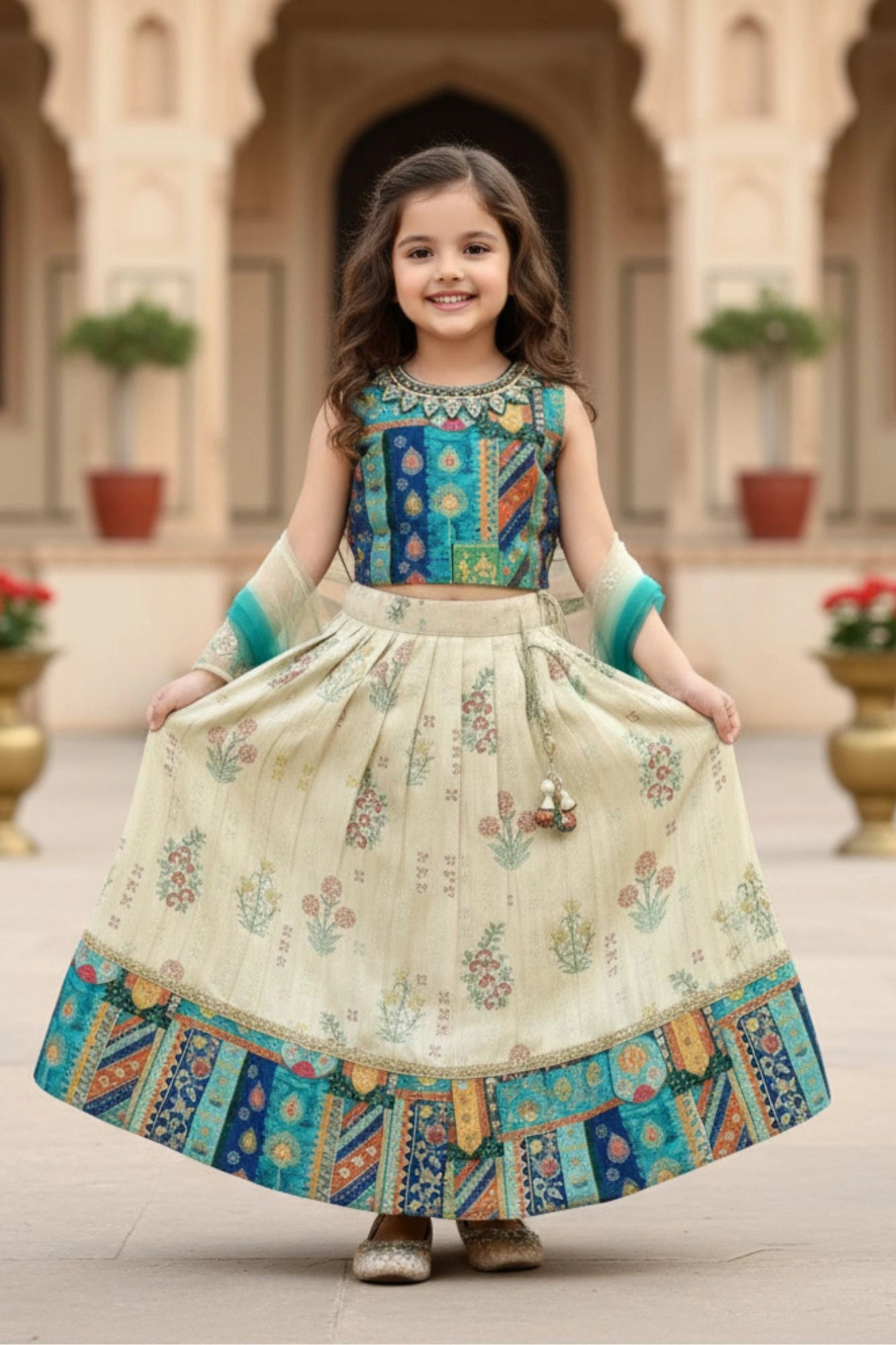 Cream And Blue Floral Print And Traditional Patchwork Lehenga Choli For Girls