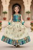 Cream And Blue Floral Print And Traditional Patchwork Lehenga Choli For Girls