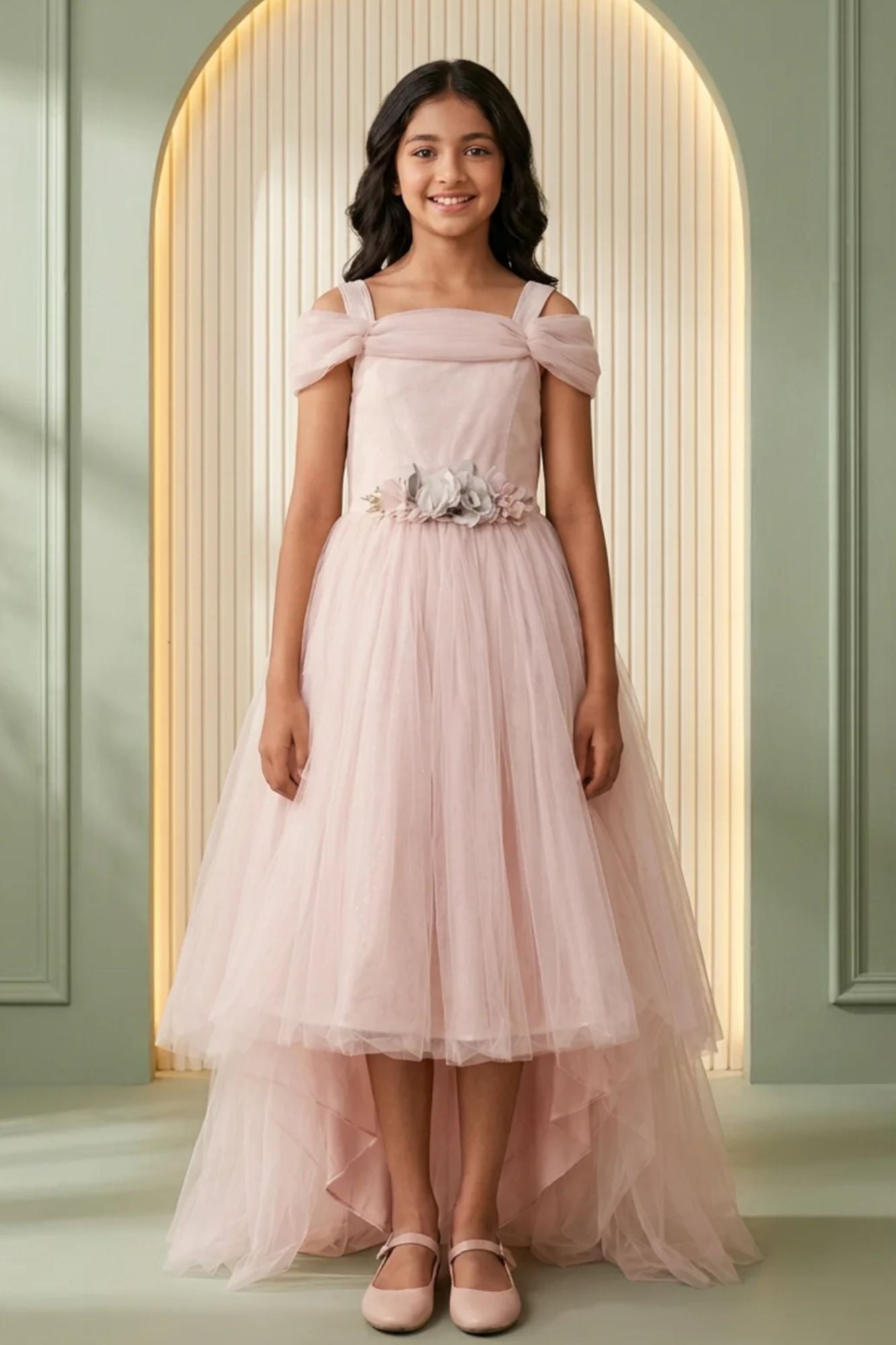Girls Blush Peach Off Shoulder High Low Party Frock