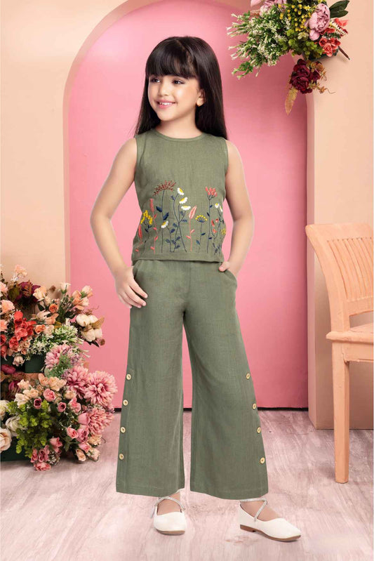 Mehendi Green Sleeveless With Floral embroidered Top And Pant Set For Girls