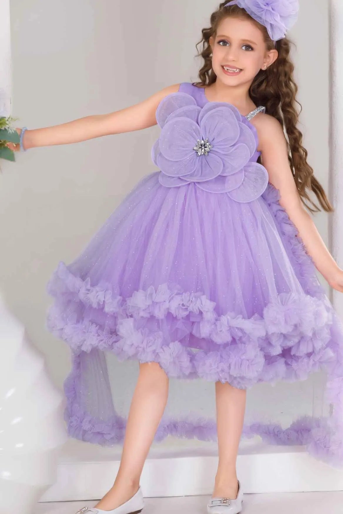 Purple High-Low Party Frock With 3D Floral Appliqué For Girls