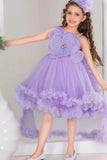 Purple High-Low Party Frock With 3D Floral Appliqué For Girls