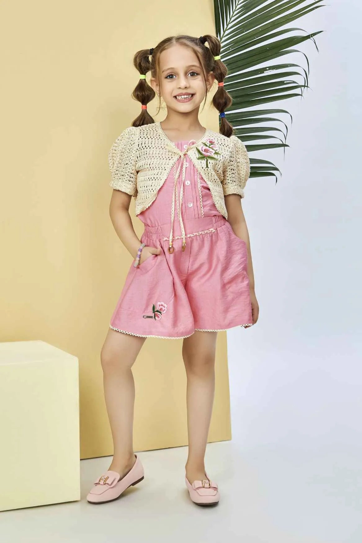 Peach Co ord Set with Beige Crochet Shrug For Girls