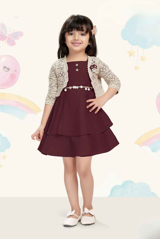 Maroon Frock With 3/4th Sleeves Crochet Overcoat For Girls