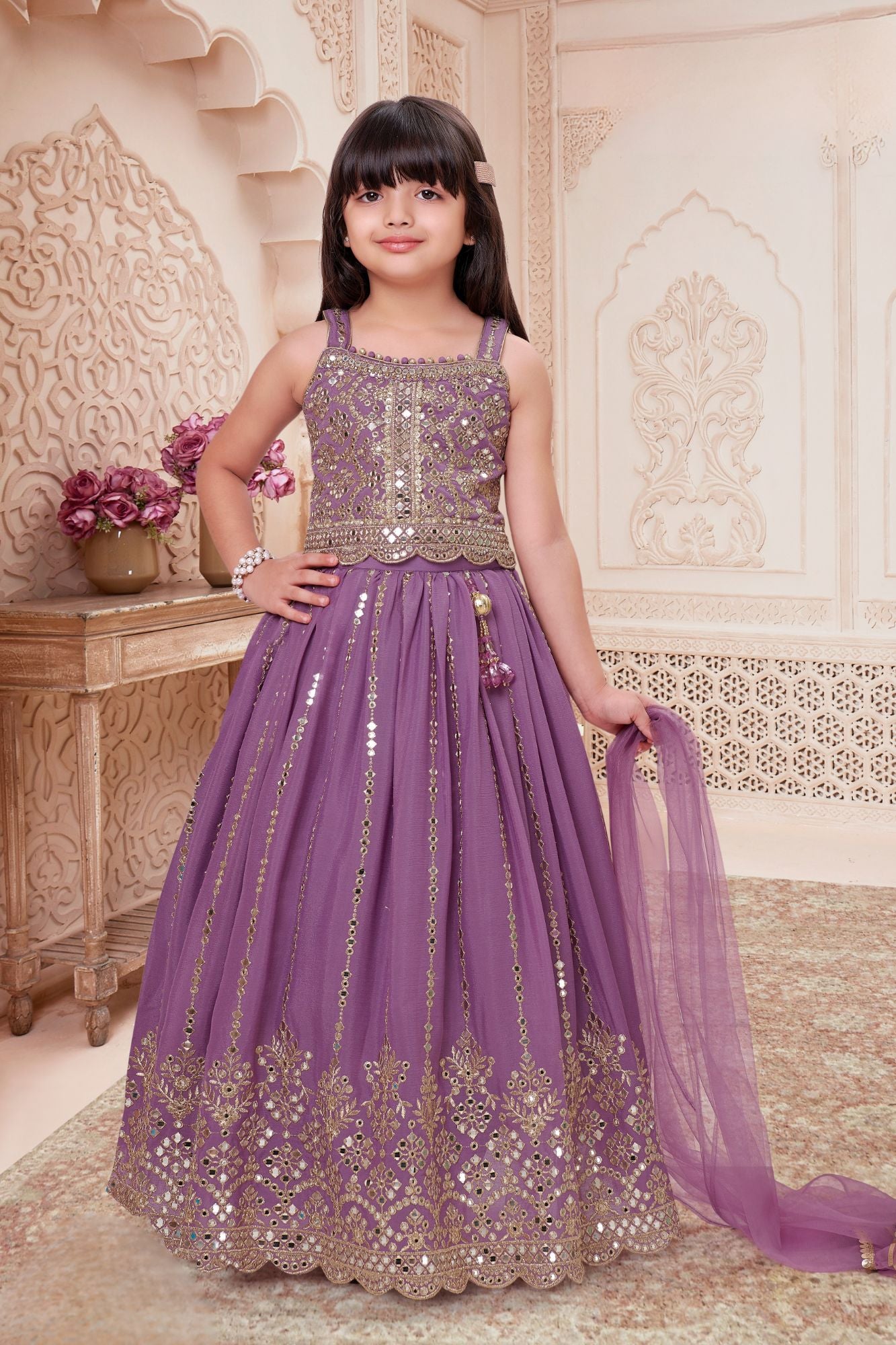 Girls Lavender Embroidered Lehenga Choli Set with Dupatta