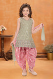 Pista Sleeveless Kurti with Foil-Print Pink Patiala And Dupatta For Girls