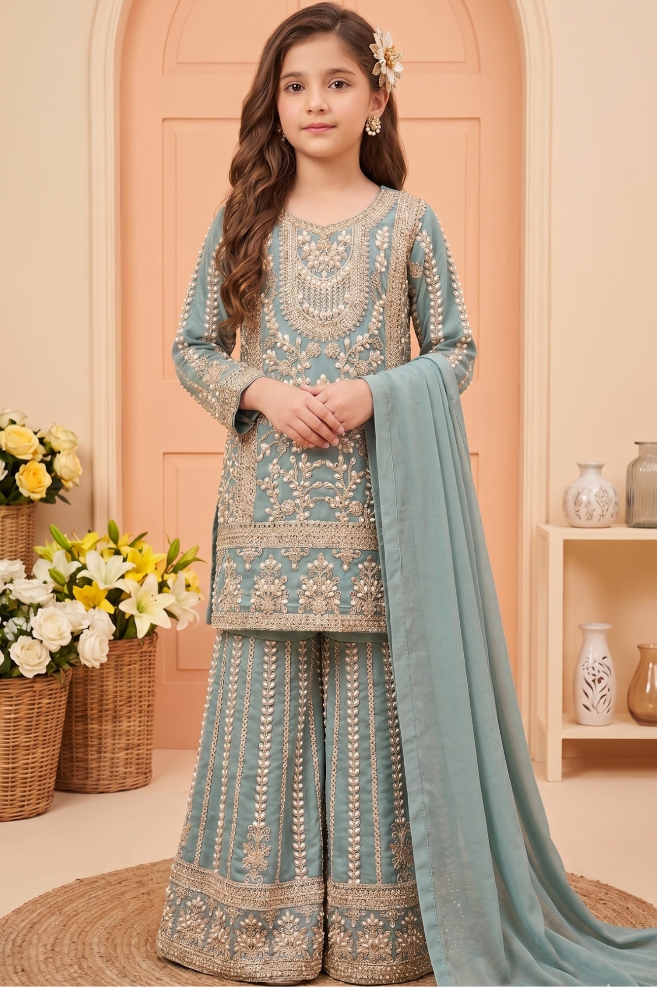 Powder Blue  Designer Wear Palazzo Set with Heavy Embroidery