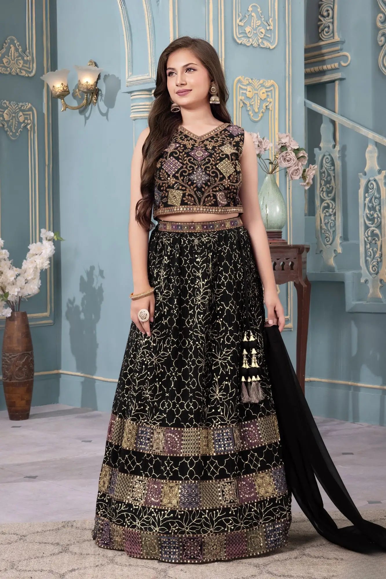 Black Thread Embroidered Lehenga Choli Set with Dupatta For Girls