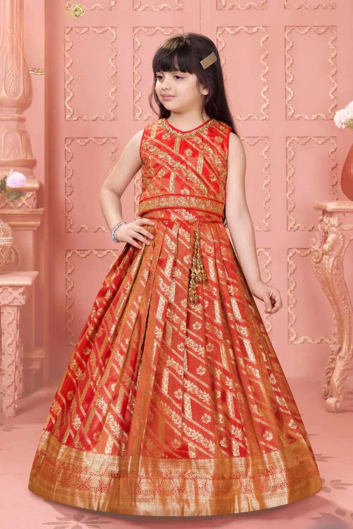 Red And Gold Lehenga Choli Set For Girls