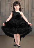 Shimmer Black Tailback Party Wear Frock With Flower Embellishment  For Girls