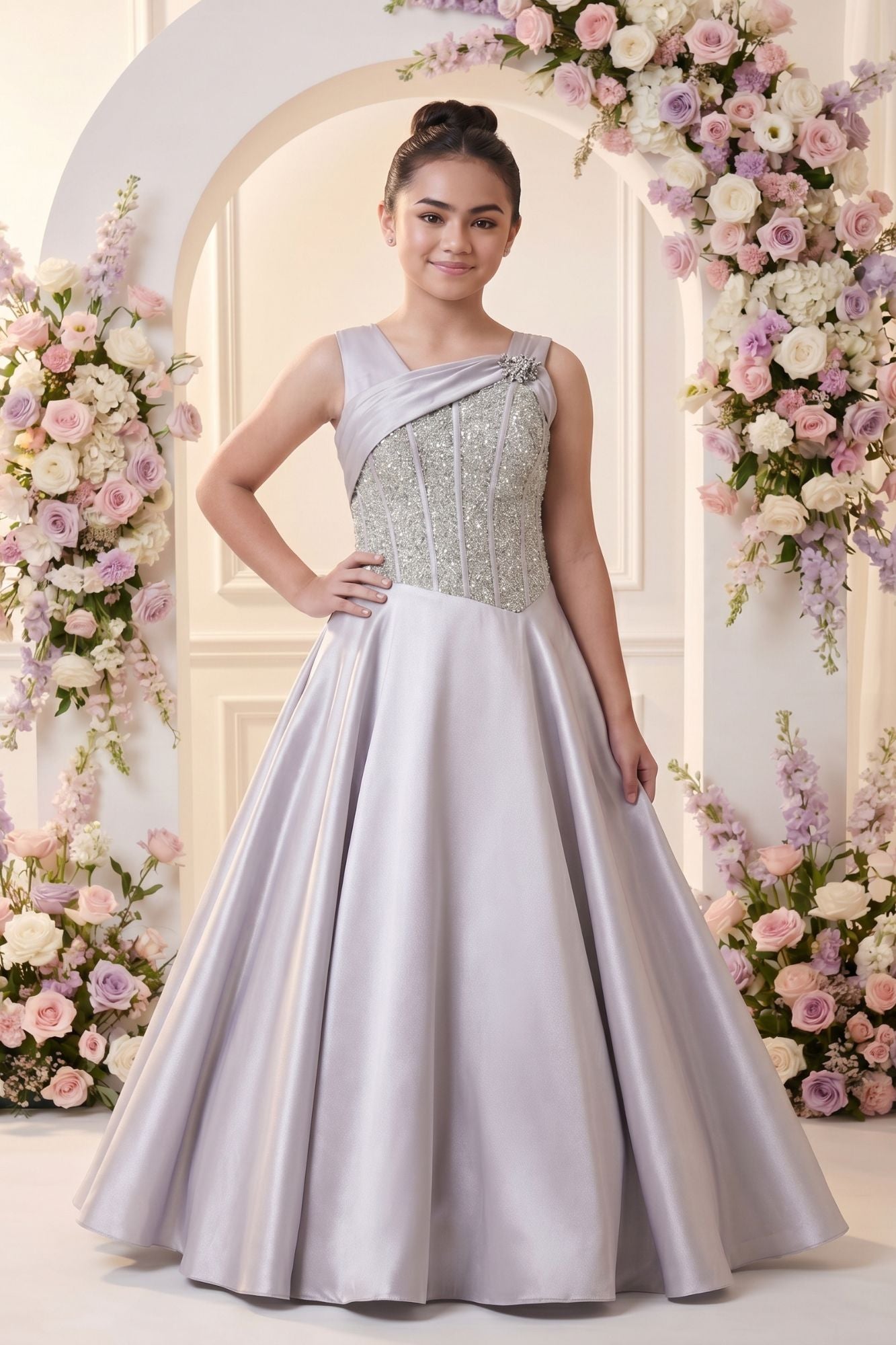 Lavender Sequin Embellished Gown For Girls