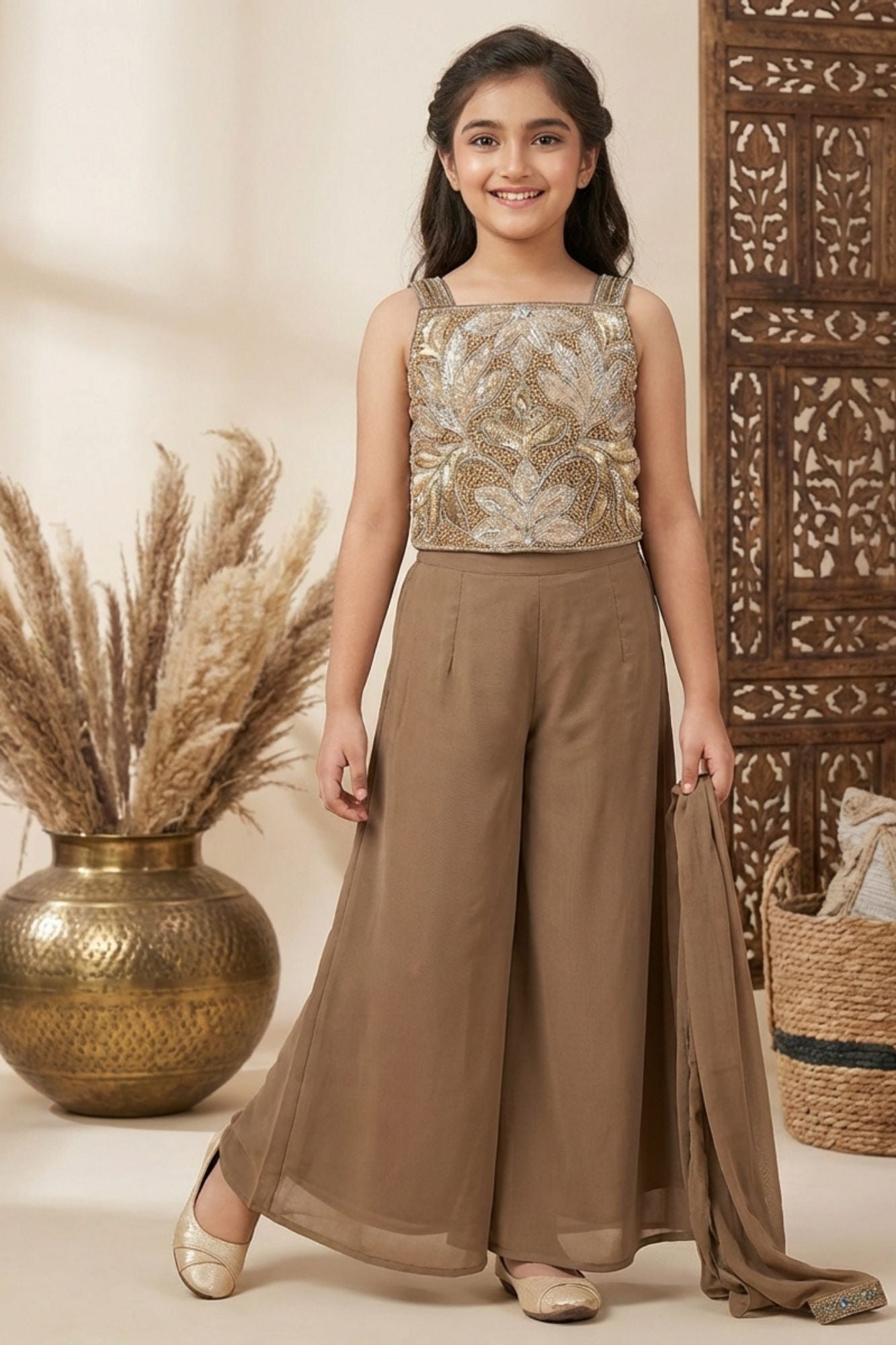 Mocha Brown Sequins And Bead Embroidered Top And Flared Palazzo Set For Girls