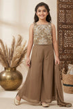 Mocha Brown Sequins And Bead Embroidered Top And Flared Palazzo Set For Girls