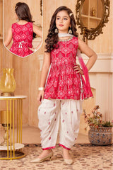 Rani Pink Mirror Work Kurti With Sequins And Zari Embroidered Dhoti Set For Girls