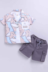 Fawn Printed Shirt And Shorts Set With White T-shirt For Boys