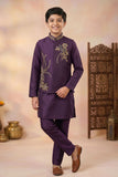 Boys Wine Kurta Set with Embroidered Nehru Jacket