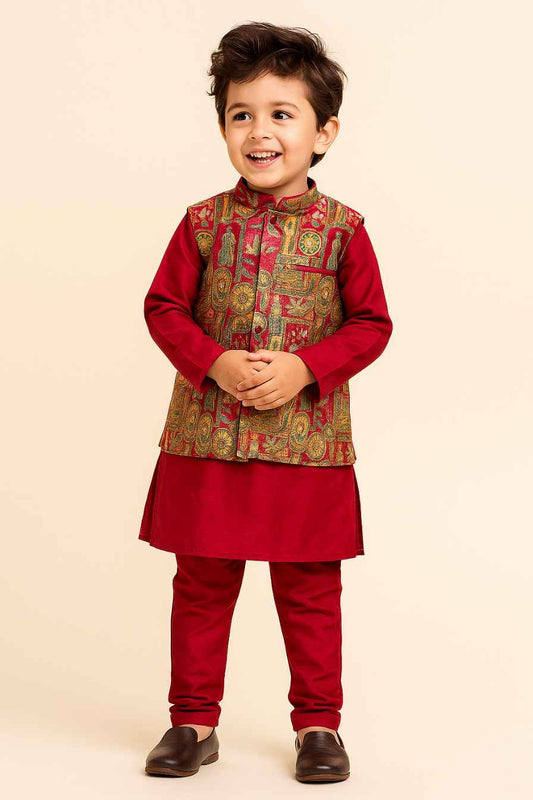 Maroon Kurta Set With Multicolor Brocade Jacket For Boys