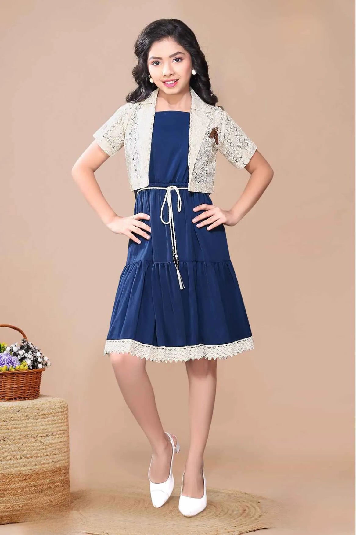 Navy Midi Dress With Lace Shrug For Girls
