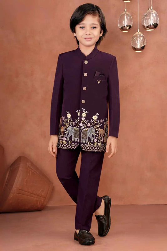 Royal Maroon Jhodhpuri Suit With Zari Embroidery For Boys