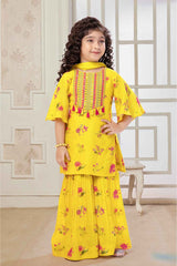 Yellow Sequins Work And Embroidered Sharara Set With Floral Printed For Girls