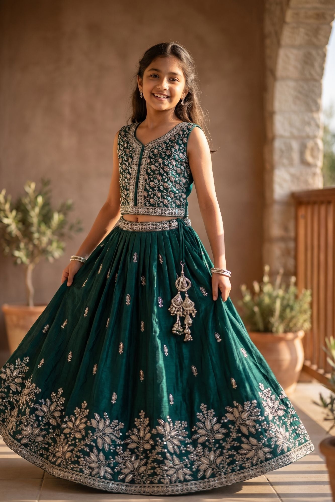 Girls Teal Green Floral Embroidered Ethnic Lehenga Choli Set with Dupatta