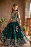Girls Teal Green Floral Embroidered Ethnic Lehenga Choli Set with Dupatta