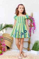 Green Smocked Frock With Floral Embroidered For Girls