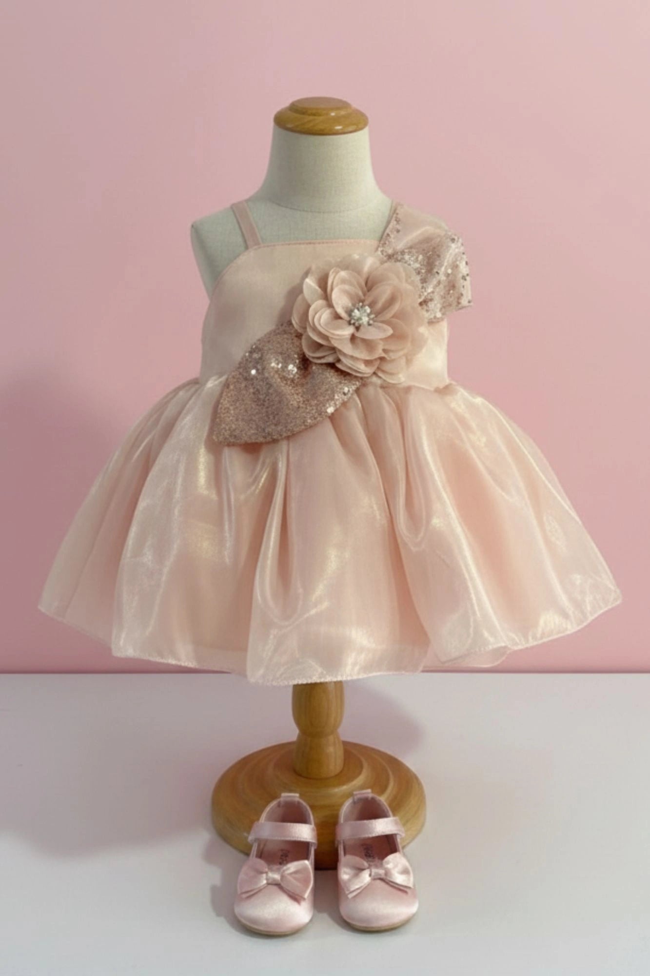 Peach Shimmer Party Frock with Sequin Floral Bow for Girls