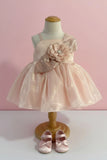 Peach Shimmer Party Frock with Sequin Floral Bow for Girls