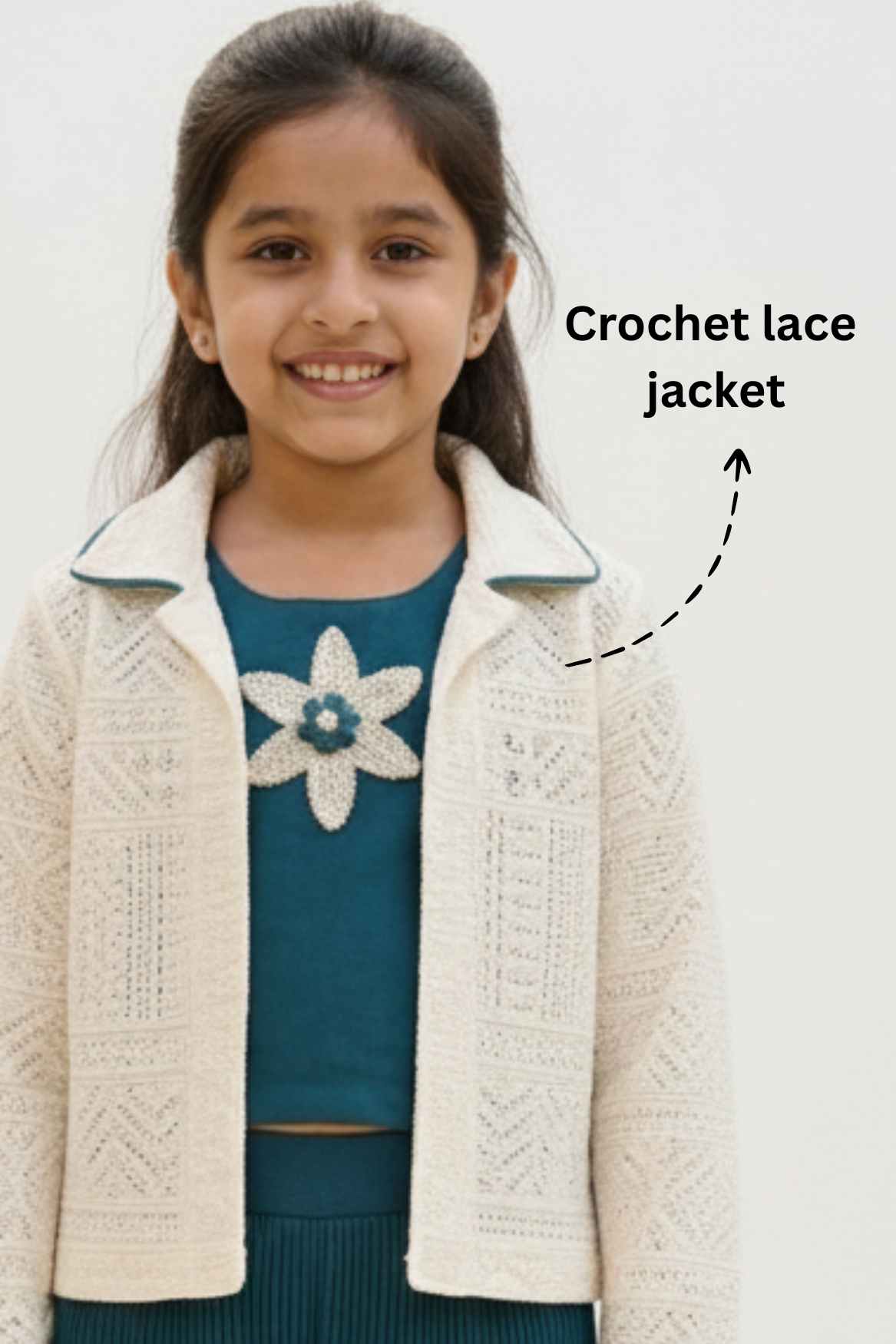 Teal Co-ord Set with Cream Lace Jacket & Floral Motif Top For Girls