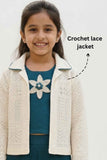 Teal Co-ord Set with Cream Lace Jacket & Floral Motif Top For Girls