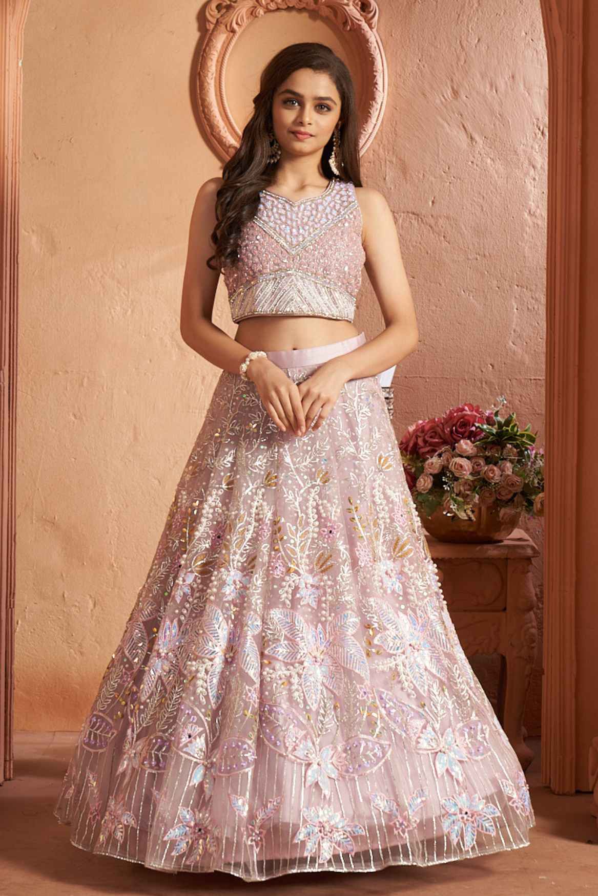Designer Pastel Pink Sequins Embroidered And Stone Work Lehenga Choli Set For Girls