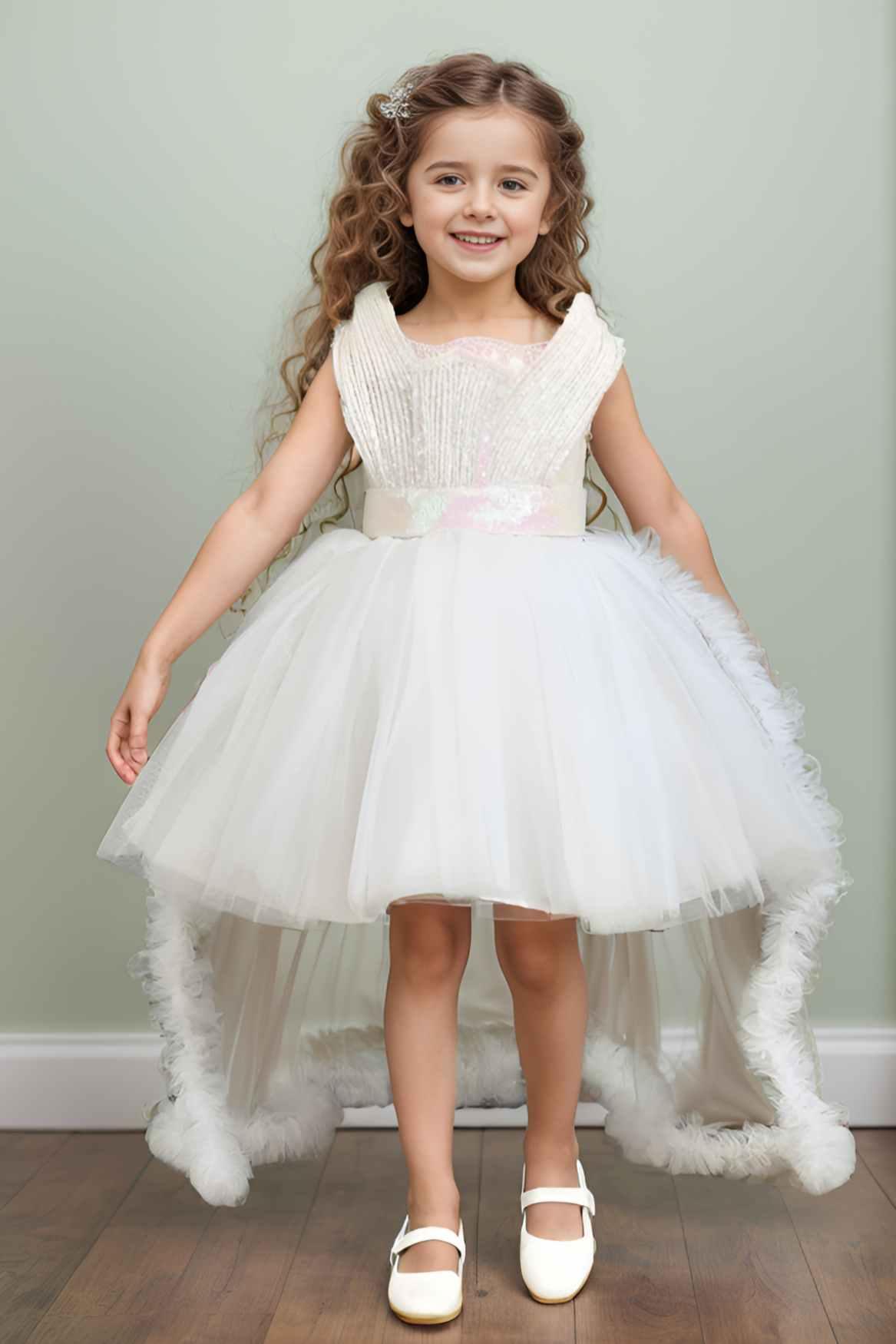 Designer White Sequin Partywear Net Tailback Frock For Girls - Lagorii Kids
