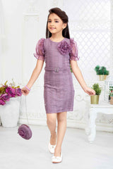 Mauve Dress With Floral Embellished And Sling Bag For Girls