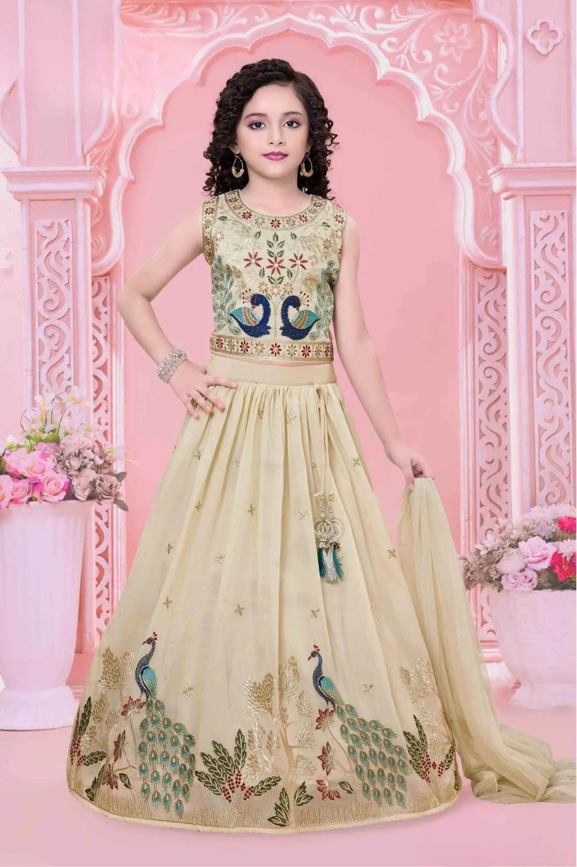 Cream Lehenga Choli Set With Peacock Embroidery And Dupatta For Girls