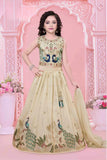 Cream Lehenga Choli Set With Peacock Embroidery And Dupatta For Girls