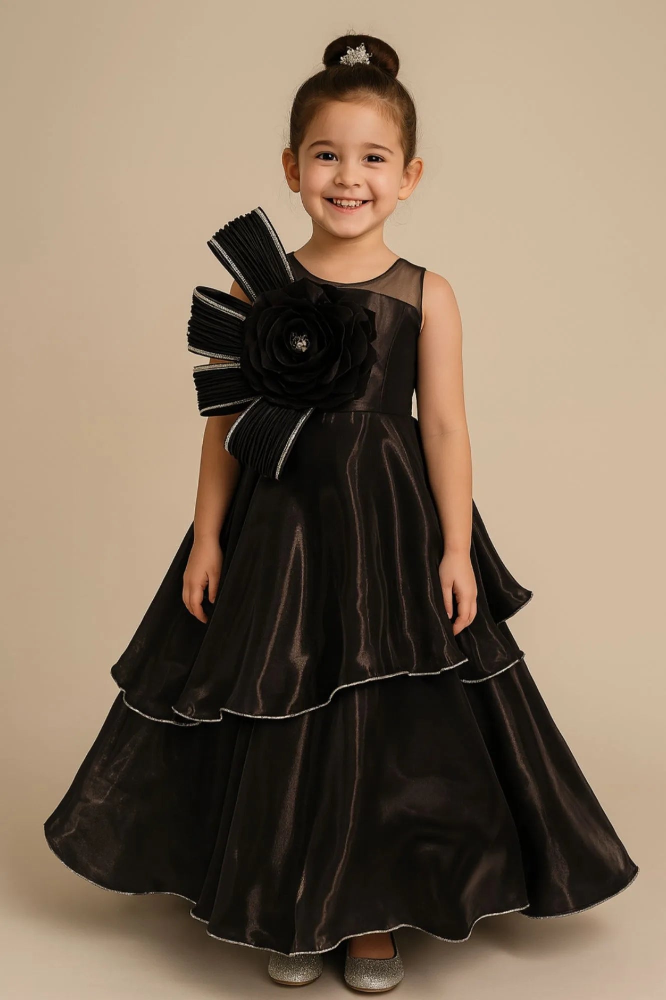 Black Layered Party Gown with Oversized Floral Appliqué For Girls