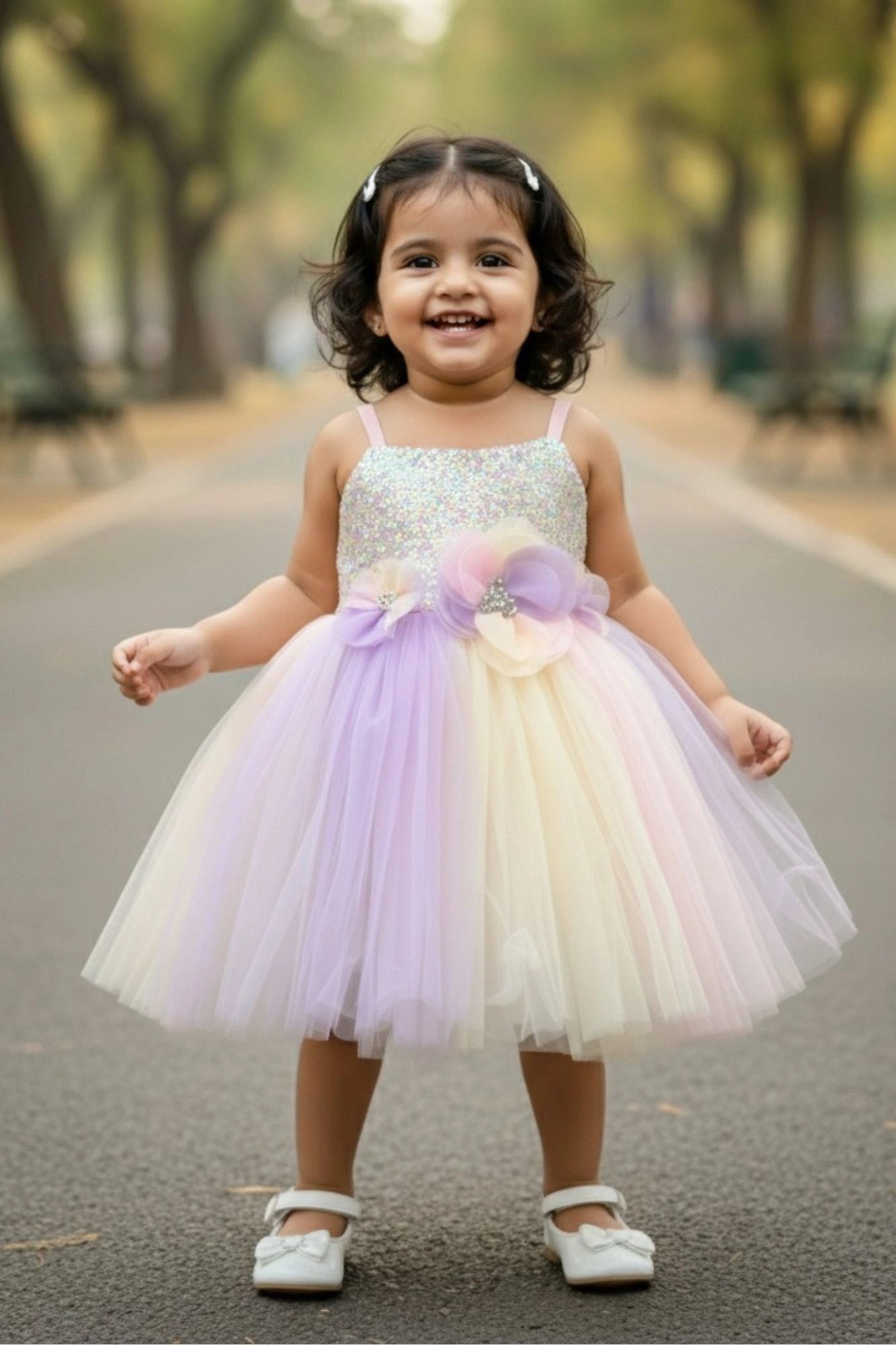 Pastel Rainbow Tulle Party Wear Frock with 3D Floral Accents For Girls