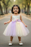 Pastel Rainbow Tulle Party Wear Frock with 3D Floral Accents For Girls