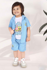 Blue Printed Shirt And Short With White T-Shirt Set For Boys