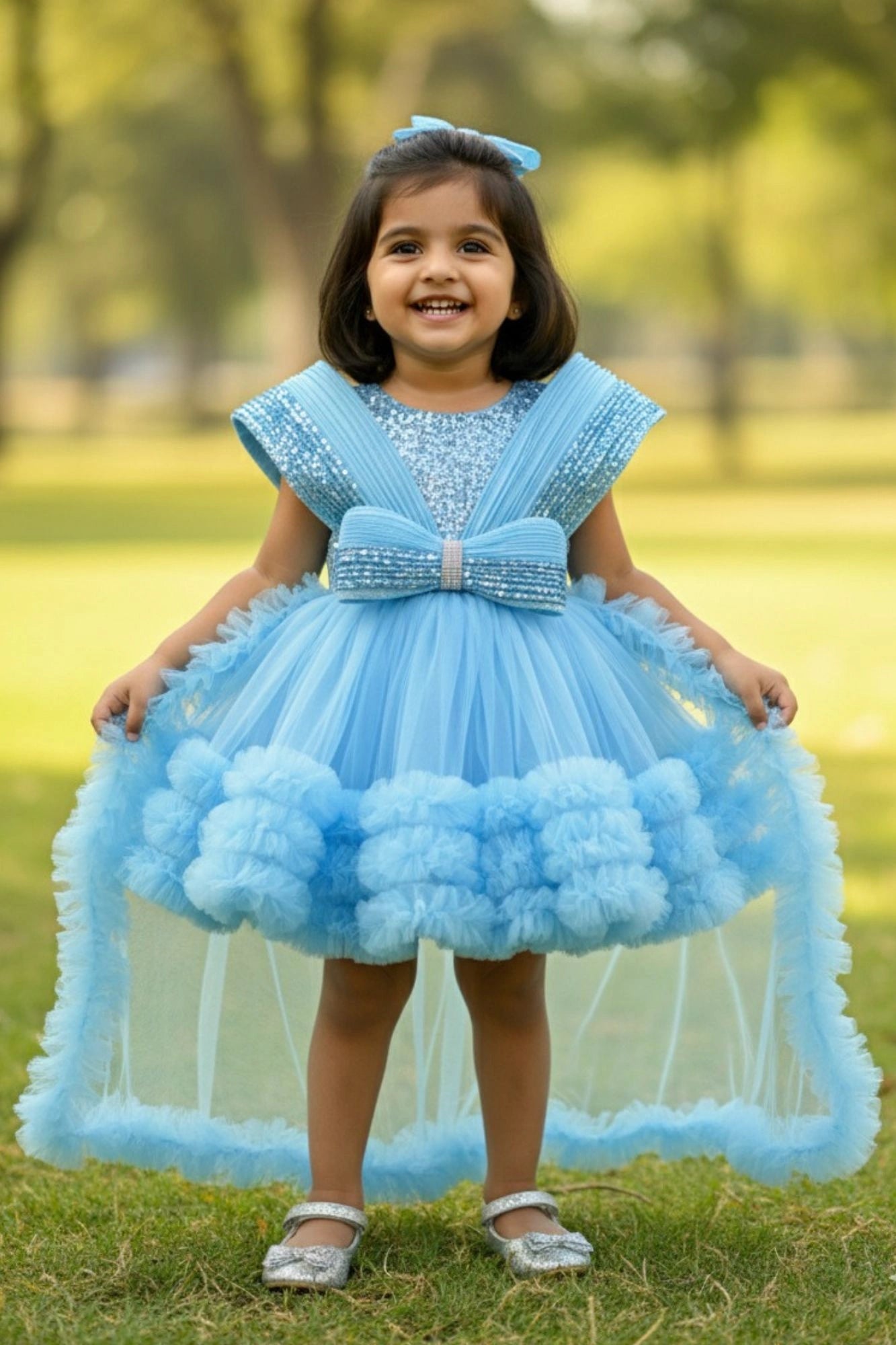 Blue Party Frock With Layered Ruffles And Statement Bow and Tailback For Girls
