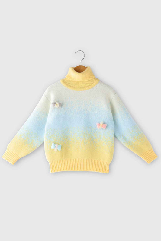 Yellow Polo Neck Pullover With Bow Embellished For Girls