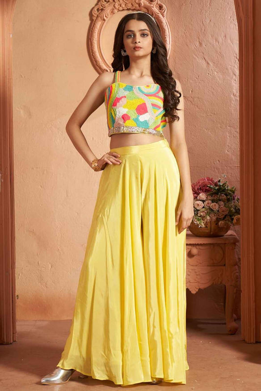 Yellow Sequins And Embroidery Work Palazzo Set For Girls