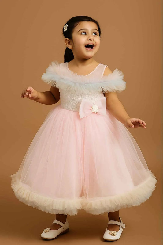 Pink Ruffle Net Gown With Bow Embellishment For Girls