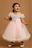 Pink Ruffle Net Gown With Bow Embellishment For Girls