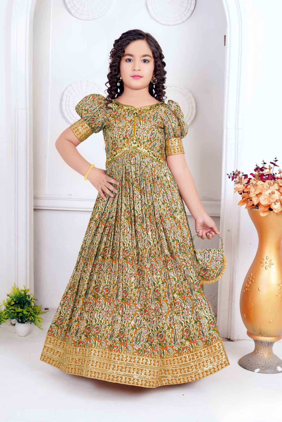 Multicolor Mirror Work And Floral Printed Ethnic Gown For Girls