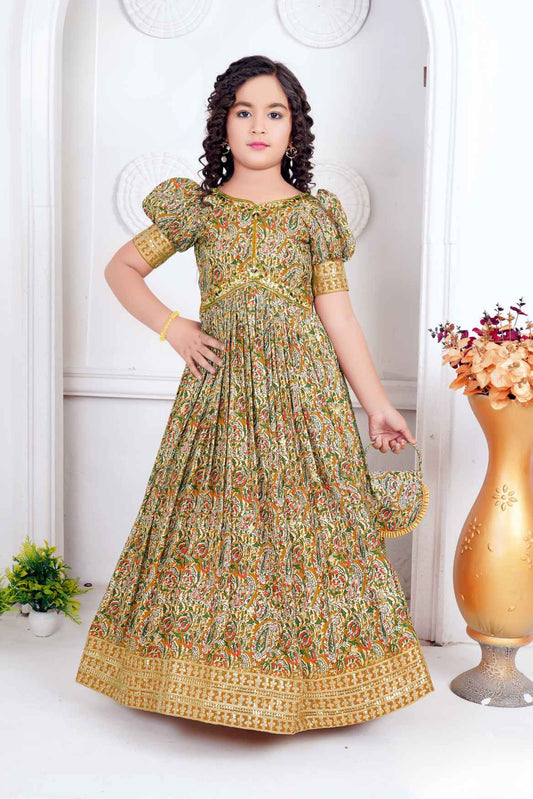 Multicolor Mirror Work And Floral Printed Ethnic Gown For Girls