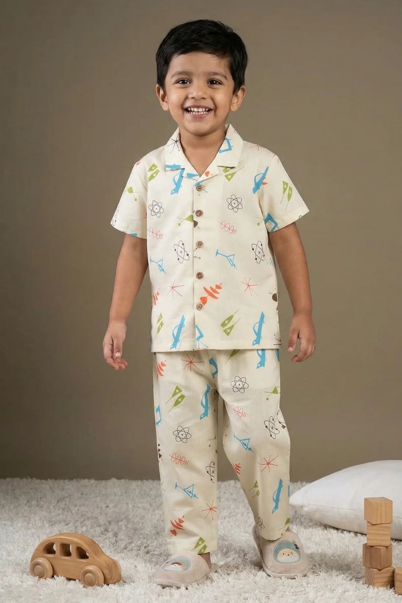 Off White Printed Night Suit Set For Boys